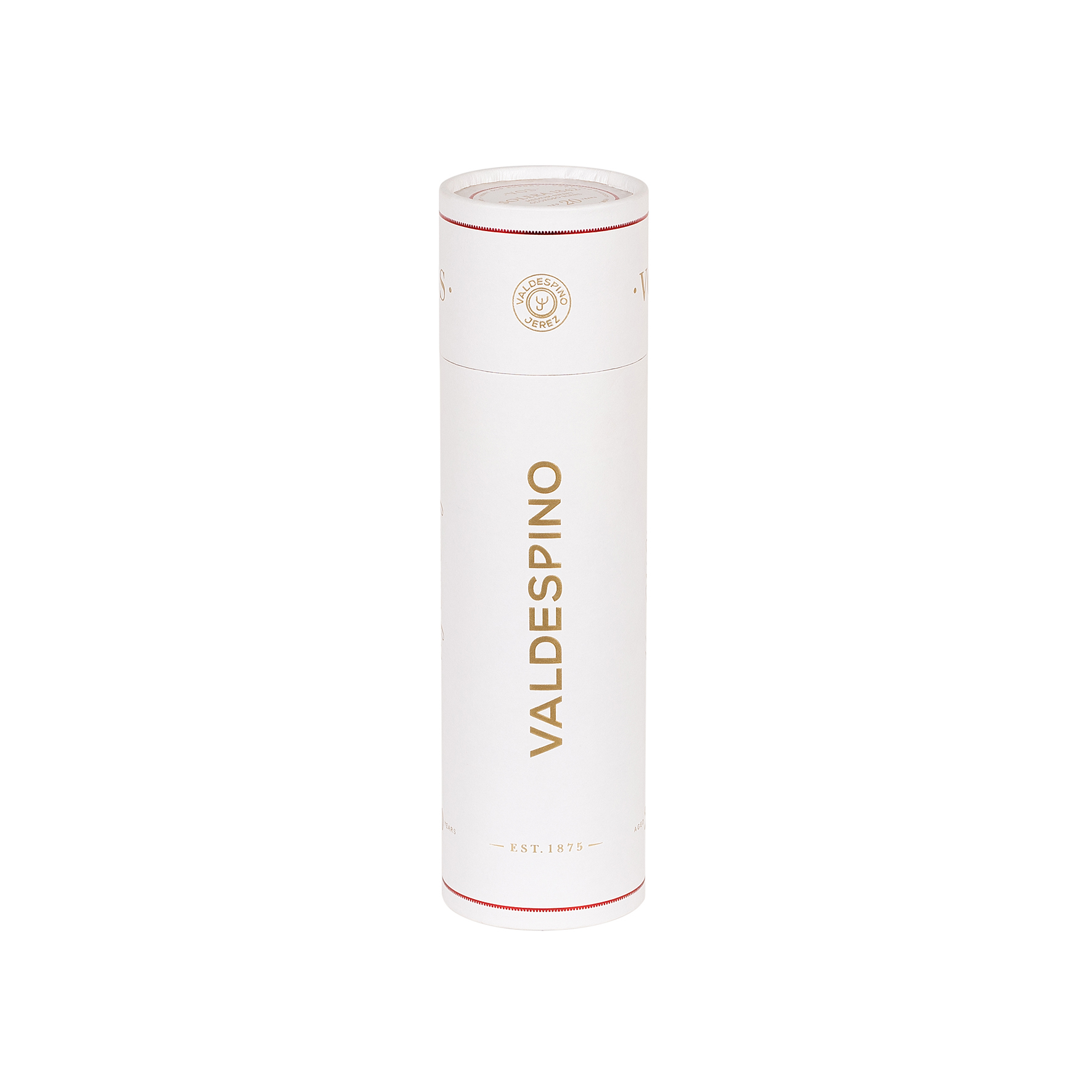 Canister de cartón blanco con letras doradas y ribete rojo para Valdespino