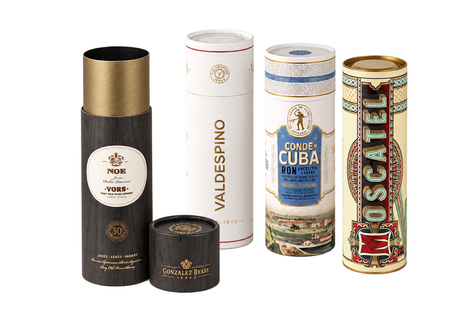 Cuatro canisters de cartón personalizados para botellas de jerez, ron y moscatel