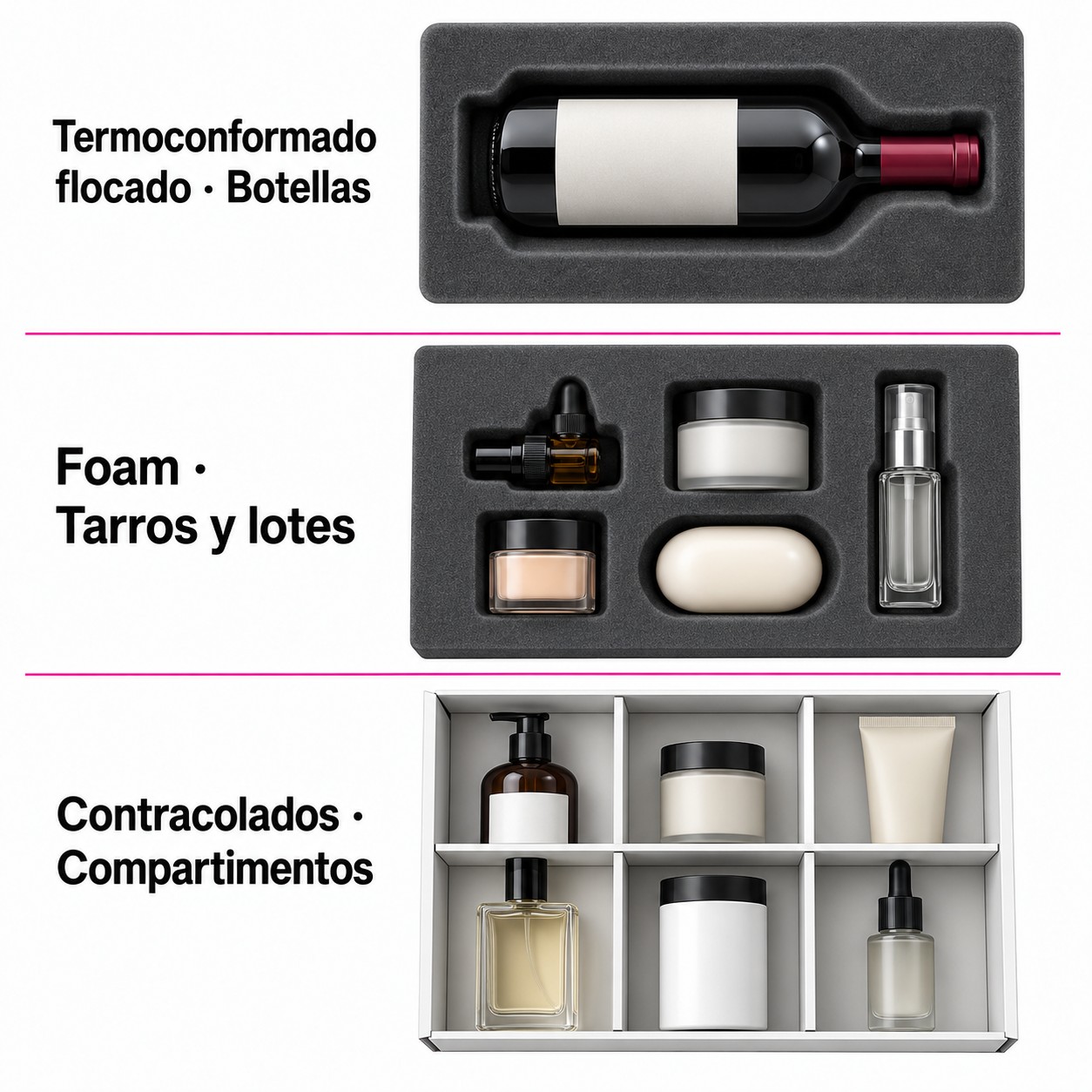 Comparativa visual de materiales de protección: termoconformado flocado y foam permiten ajustarse a la silueta del producto. Los compartimientos no lo hacen con formas irregulares.