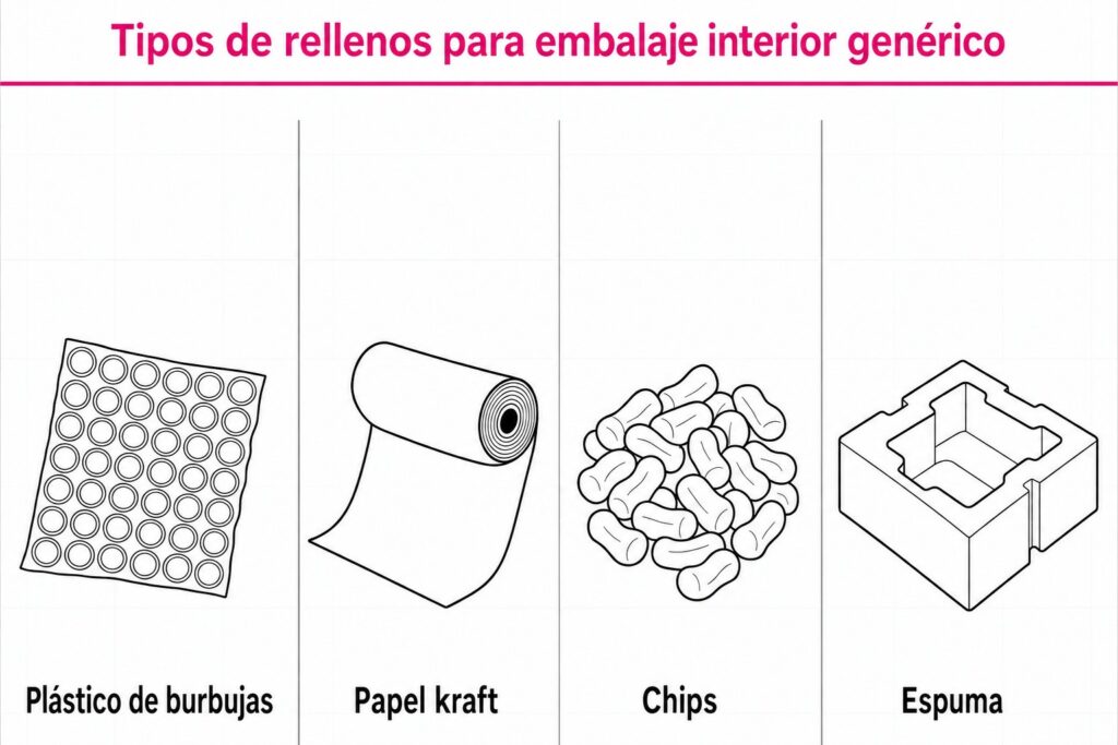 Tabla comparativa de tipos de relleno para embalaje interior: burbujas, papel kraft, chips y espuma